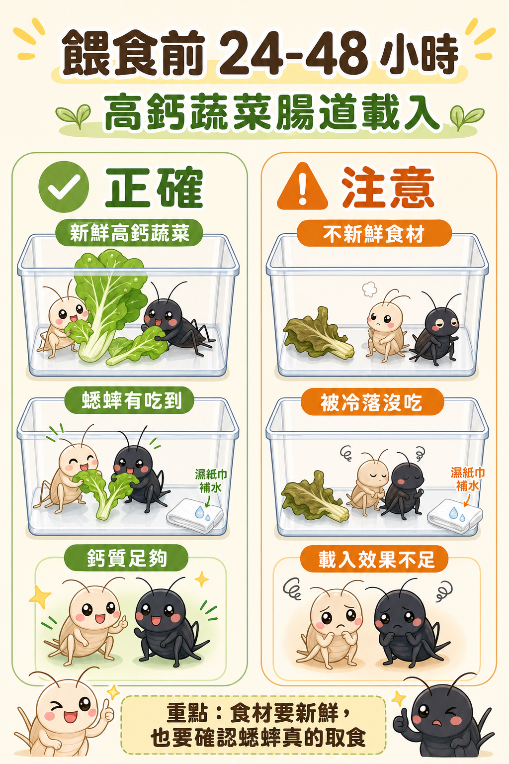 把握餵食前 24–48 小時的時間窗口，讓蟋蟀確實吃到新鮮高鈣蔬菜，腸道內的鈣質才足夠；放到不新鮮或被蟋蟀冷落的食材，就達不到腸道載入的效果