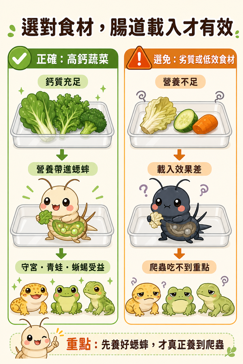 選對食材才能真正養到爬蟲：高鈣蔬菜讓守宮、青蛙、蜥蜴都受益，劣質或低效的食材則達不到腸道載入效果