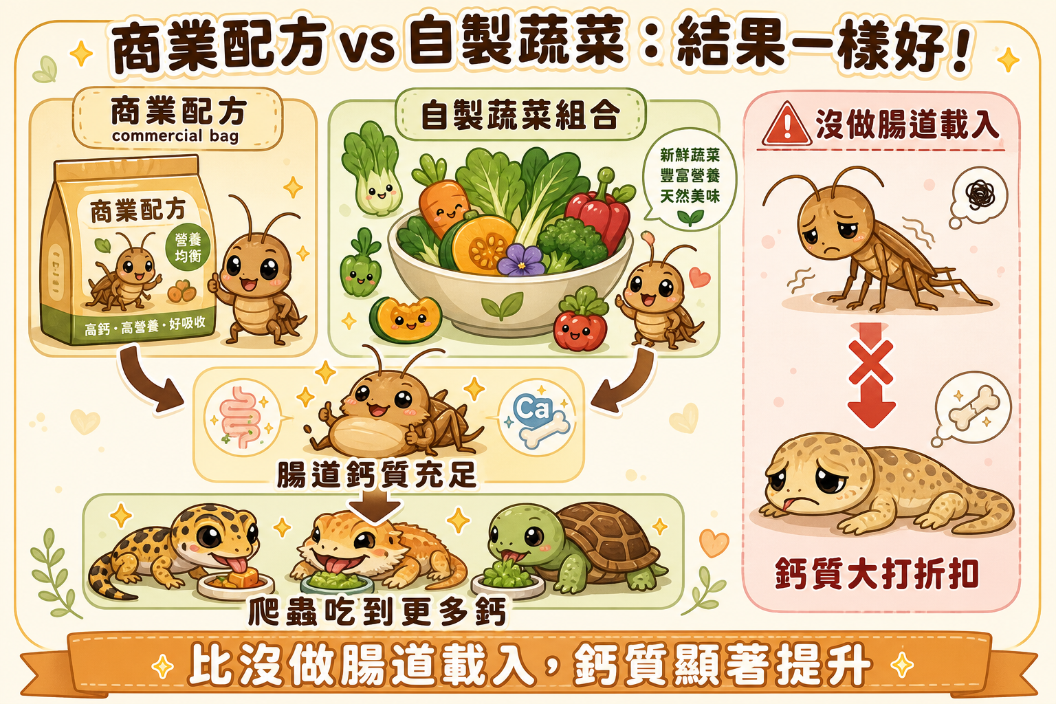 不管選用商業配方還是自製蔬菜組合，蟋蟀吃飽後再餵給爬蟲的結果是一樣的：比沒做腸道載入的蟋蟀，所帶入的鈣質顯著更多