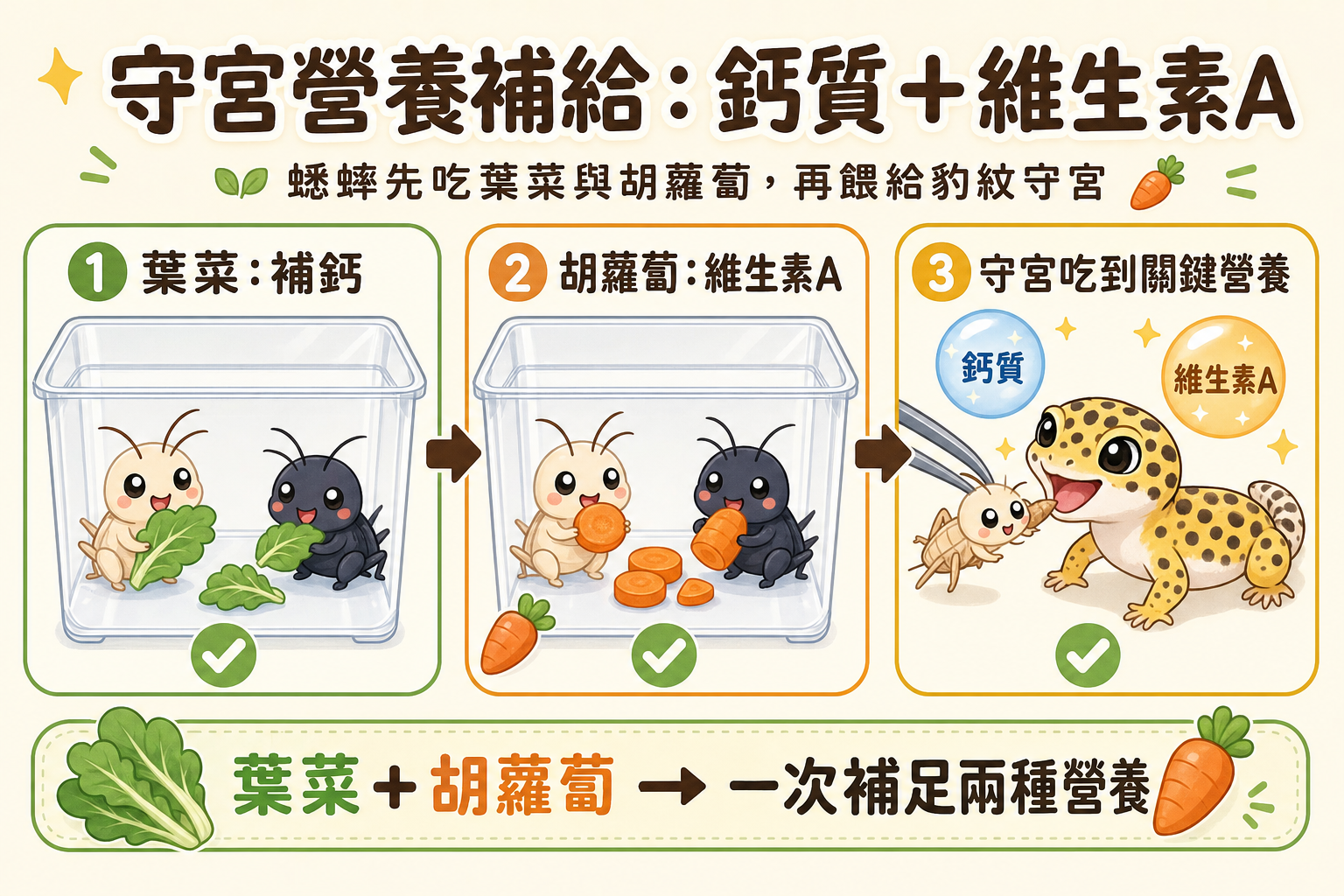 豹紋守宮同時需要鈣質和維生素 A，讓蟋蟀吃葉菜加胡蘿蔔，可以一次補足這兩種關鍵營養素