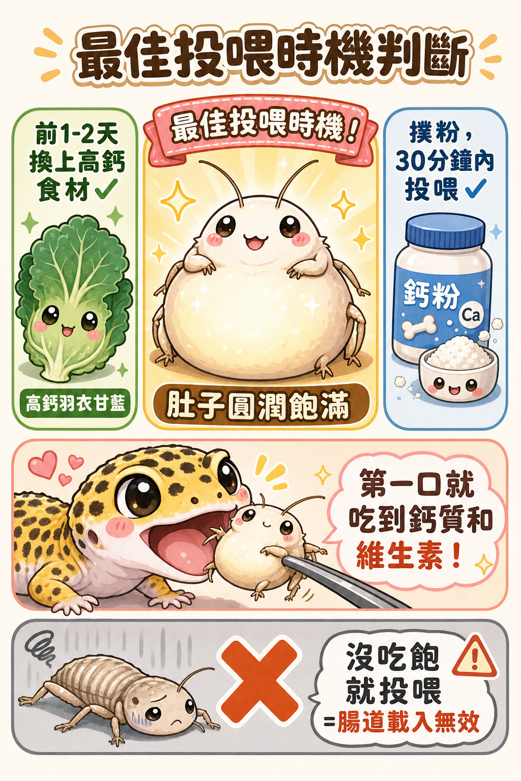 腸道載入時間窗口示意：蟋蟀吃飽高鈣蔬菜、肚子圓潤的狀態是最佳投喂時機，讓守宮第一口就吃到滿滿的鈣質和維生素