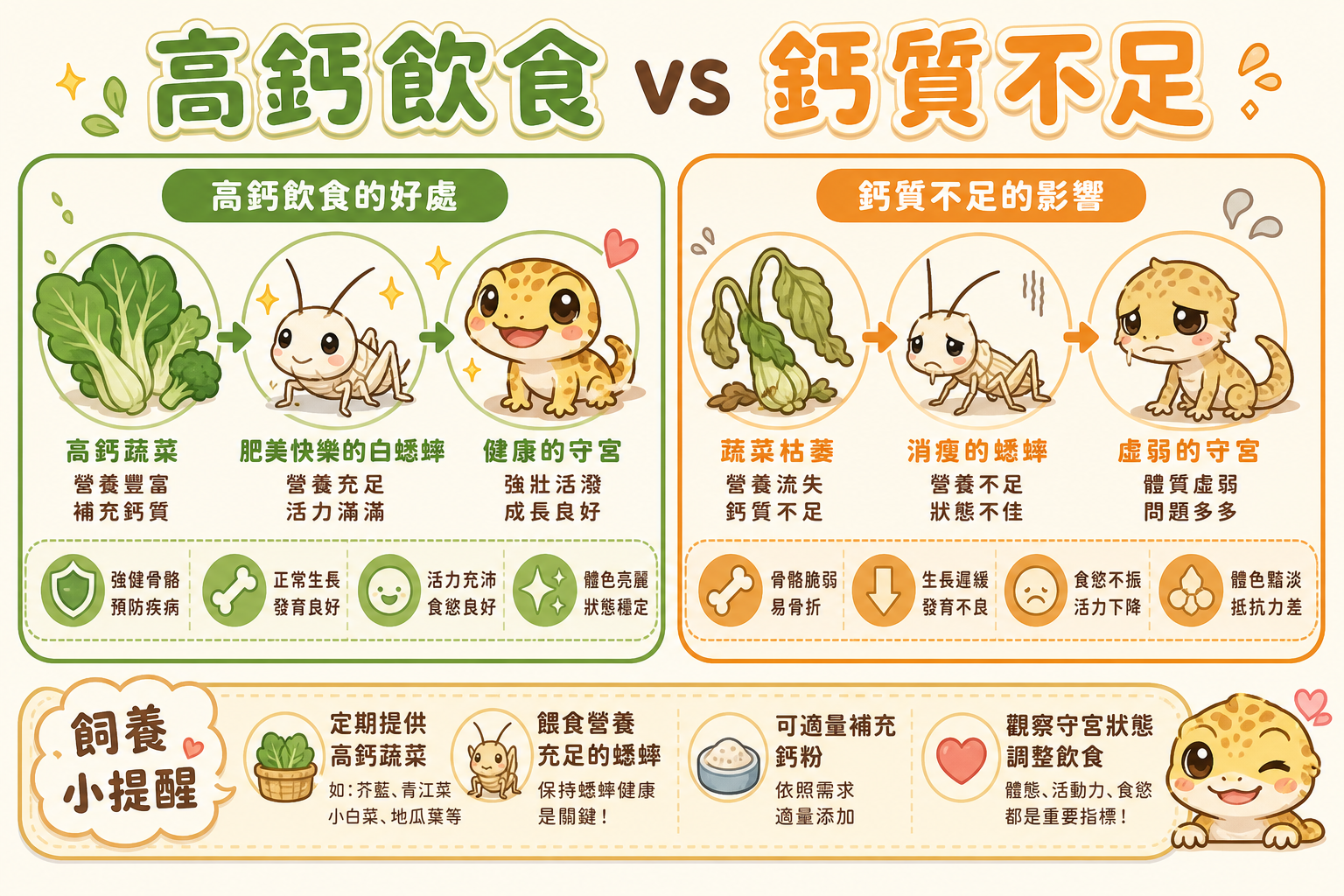 腸道載入的有效與無效對比：蟋蟀吃了優質蔬菜後元氣滿滿地送進爬蟲，吃了劣質食物的蟋蟀則無法傳遞足夠營養，讓爬蟲得到的大打折扣