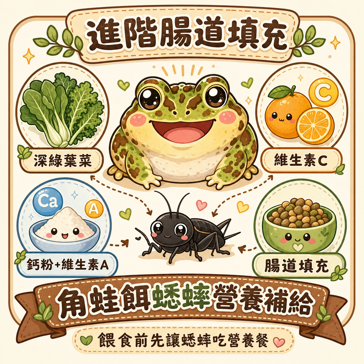 角蛙需要鈣、維生素 B 群和水分：蟋蟀吃過多樣蔬菜再餵給角蛙，是最有效率補充這些營養素的做法，直接補水也是重點之一