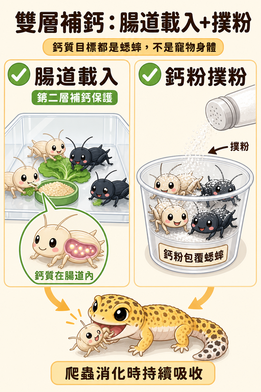 腸道載入讓蟋蟀腸道內充滿鈣質，爬蟲消化時持續吸收，是鈣粉撲粉之外不可少的第二層補鈣保護