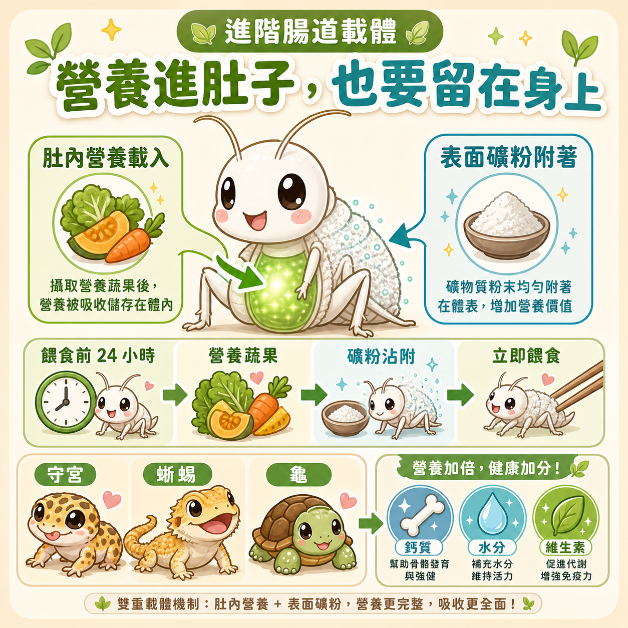 腸道載入和撲粉雙管齊下：蟋蟀腸道帶鈣、體表也沾鈣粉，讓守宮、角蛙、鬍子蜥從吞入第一口到完整消化都能持續吸收到鈣質