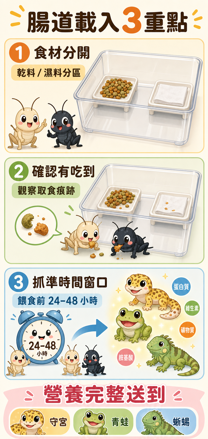 把食材分開、確認蟋蟀有吃到、抓準時間窗口——三個細節都做對，守宮、青蛙、蜥蜴都能吃到最完整的腸道載入效果