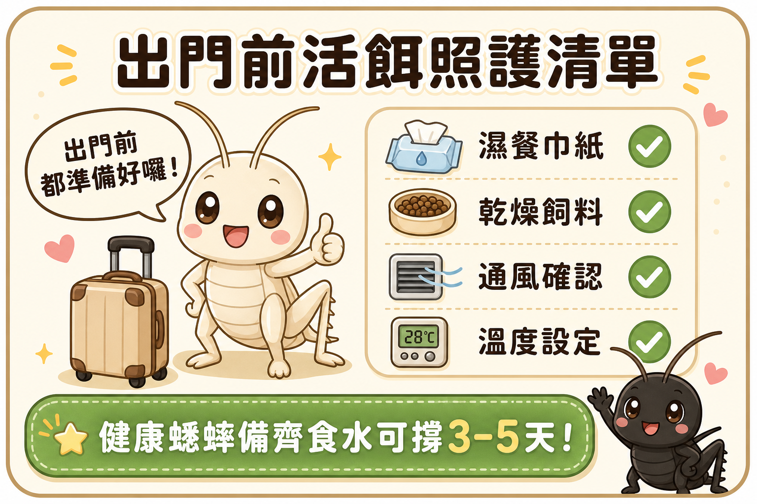 蟋蟀站在行李箱旁比讚，象徵出門前活餌照護已準備完善