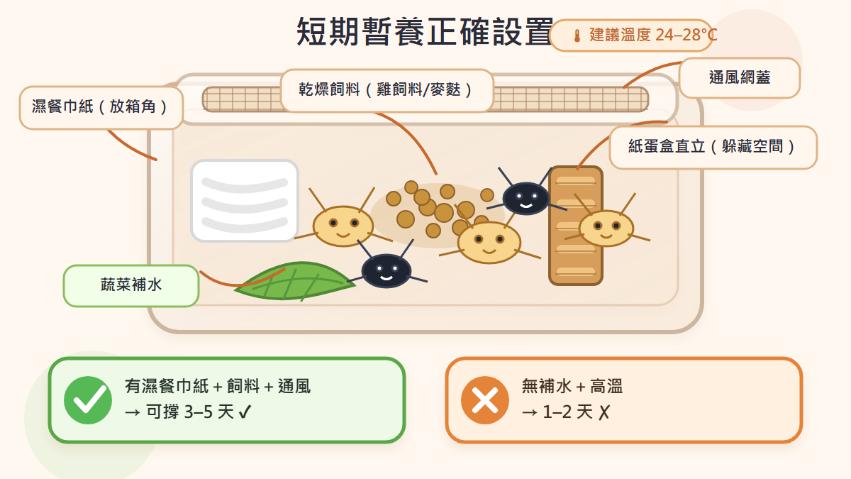蟋蟀暫養箱內備有濕餐巾紙、飼料顆粒與蔬菜葉，示範正確的短期暫養設置