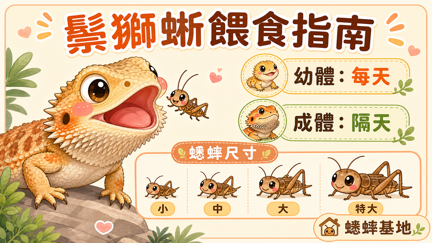 鬃獅蜥蟋蟀餵食完整指南：尺寸、頻率、蔬菜比例與補鈣