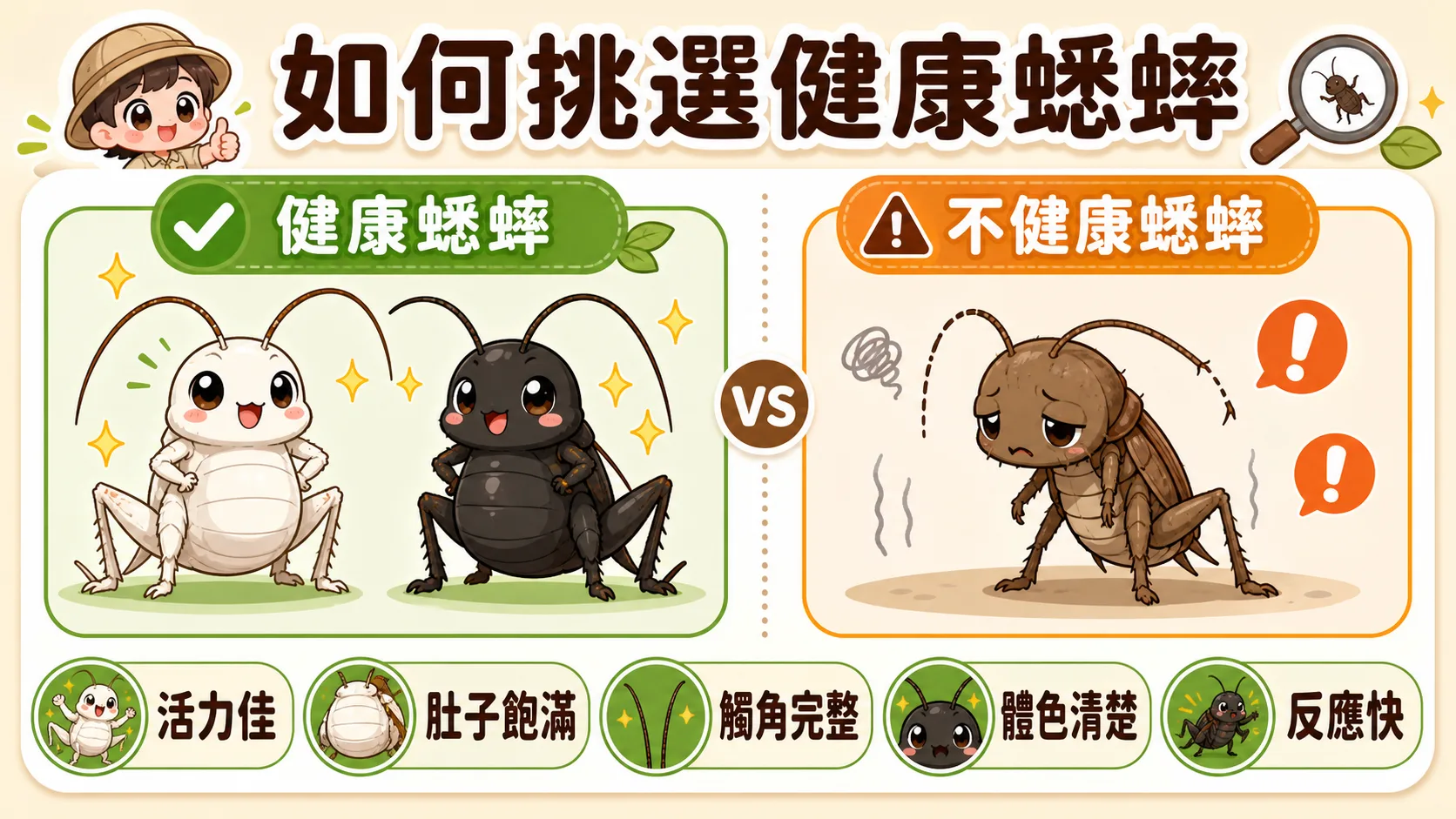 挑對蟋蟀才能養好爬蟲：健康的個體能直接成為守宮、青蛙、鬣蜥的優質食物，問題蟋蟀則可能危害牠們的健康。