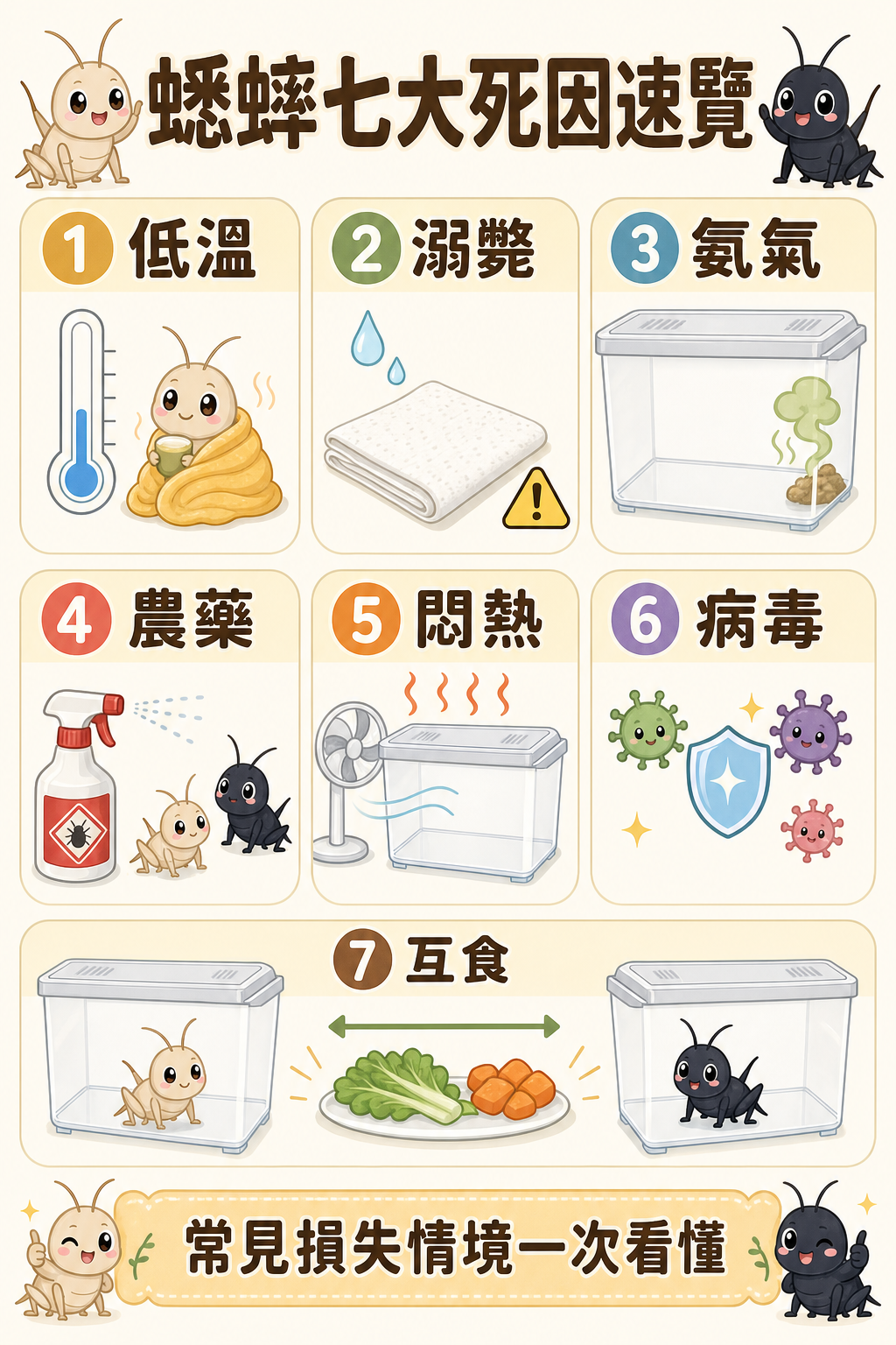 蟋蟀七大死因速覽:低溫、溺斃、氨氣、農藥、悶熱、病毒與互食,這七個威脅幾乎涵蓋了飼主最常碰到的損失情境。