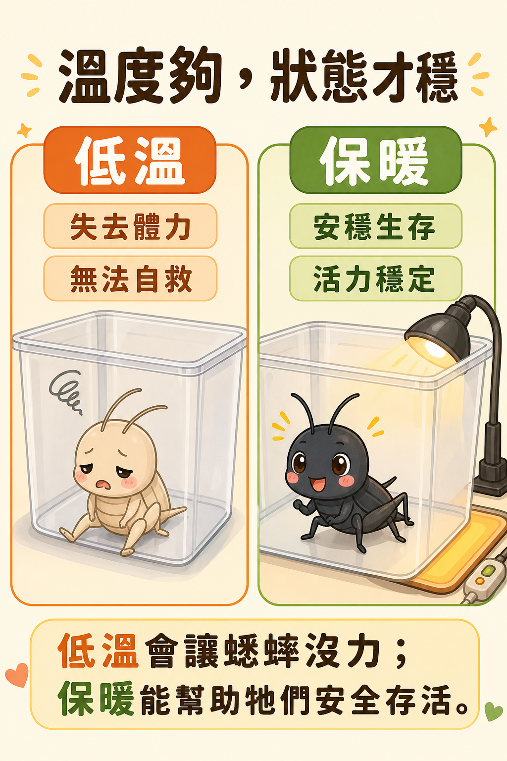 溫度夠不夠,蟋蟀的狀態差很多:低溫讓蟋蟀失去體力、無法自救,保暖才能讓牠們安穩生存。