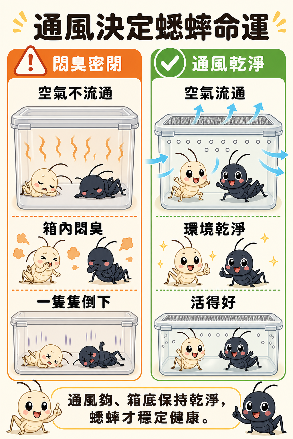 通風夠不夠,箱內蟋蟀的命運截然不同:悶臭密閉的箱子讓蟋蟀一隻隻倒下,空氣流通、環境乾淨才能讓牠們活得好。