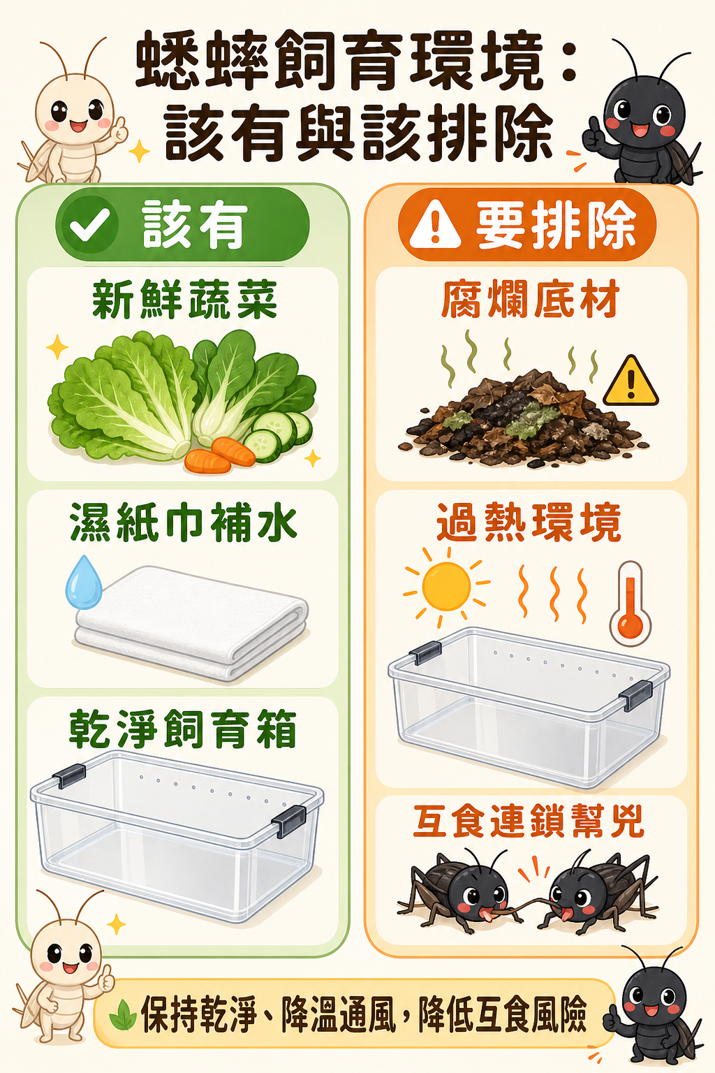 哪些環境條件該有、哪些要排除:蔬菜、水分來源、乾淨飼育箱是必要的,腐爛底材和過熱環境則是互食連鎖的幫兇。