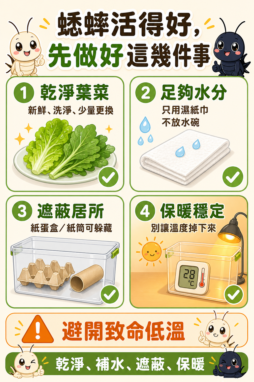 做好這幾件事,蟋蟀就能活得好:乾淨葉菜、足夠水分加上有遮蔽的居所是基本功,再幫牠們保暖、別讓溫度掉下來,就能避開最致命的低溫。