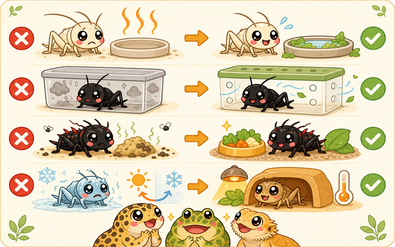 打開箱蓋聞到刺鼻臭味:飼主皺眉捂鼻的這一刻,箱內氨氣濃度早已超標,蟋蟀早已受損,這個畫面就是通風不足的警示。