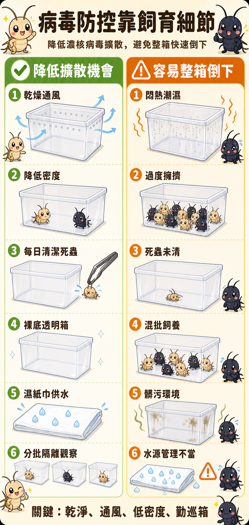 病毒防控的關鍵在飼育細節:哪些飼養條件能降低蟋蟀濃核病毒擴散的機會,哪些做法會讓整箱蟋蟀快速倒下,這張圖一目了然。