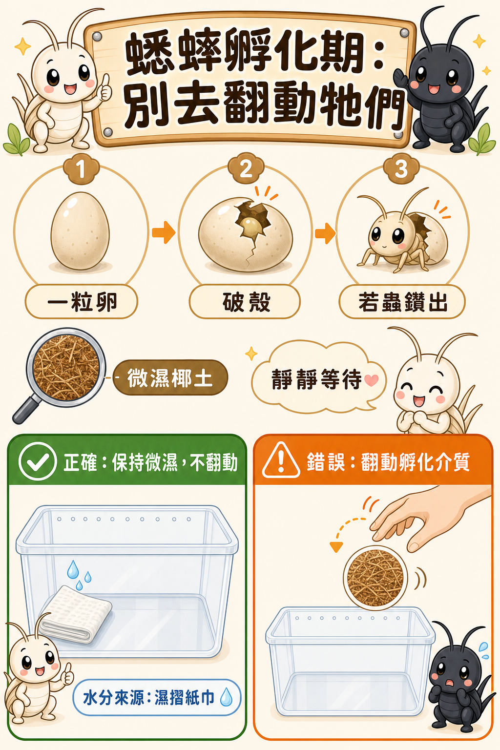 從一粒卵到破殼鑽出的若蟲，整個孵化過程在微濕的椰土裡靜靜完成，飼主這段時間最重要的事是「別去翻動牠們」。