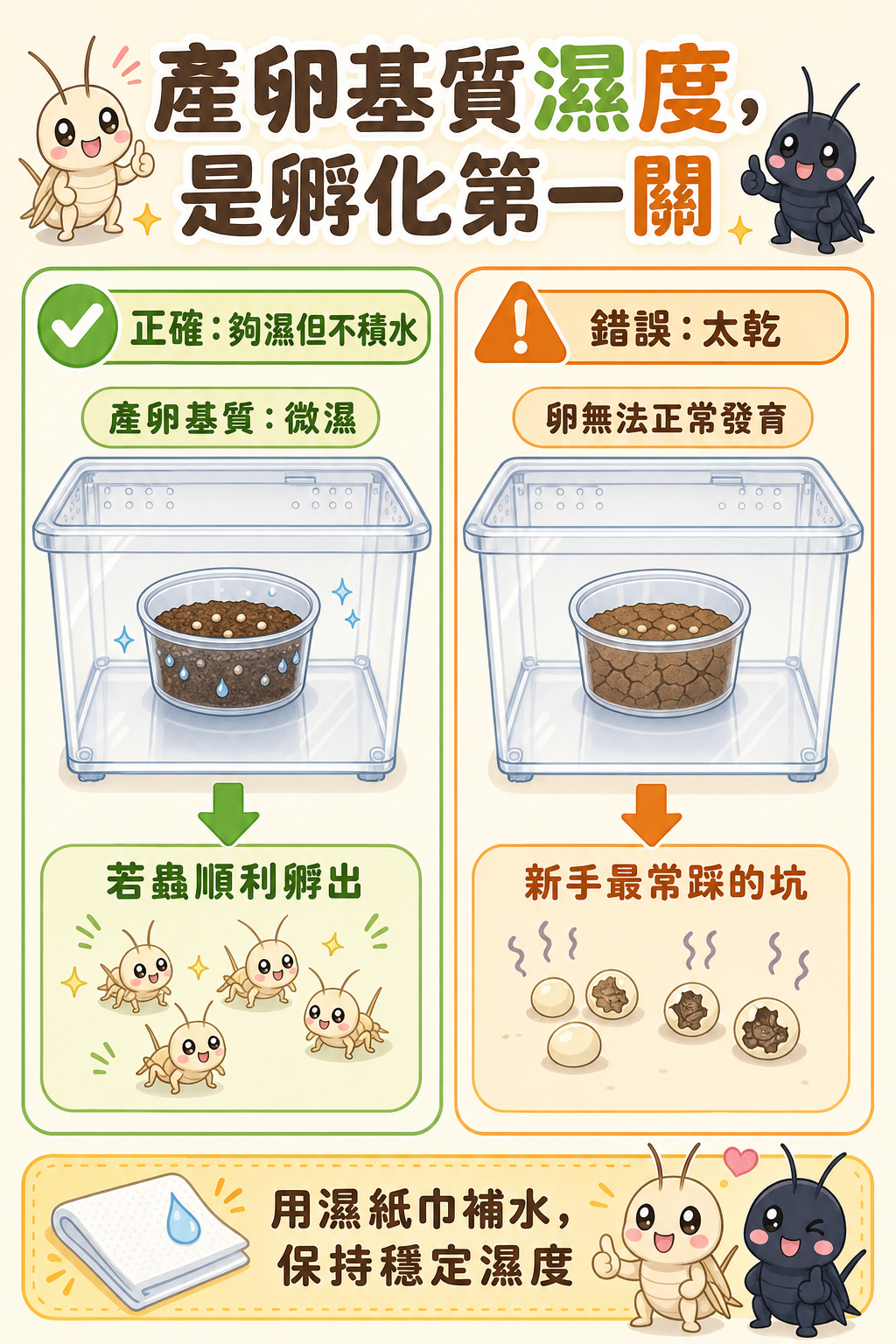 產卵基質夠濕，若蟲才孵得出來；太乾的基質讓卵無法正常發育，是新手最容易踩的第一個坑。