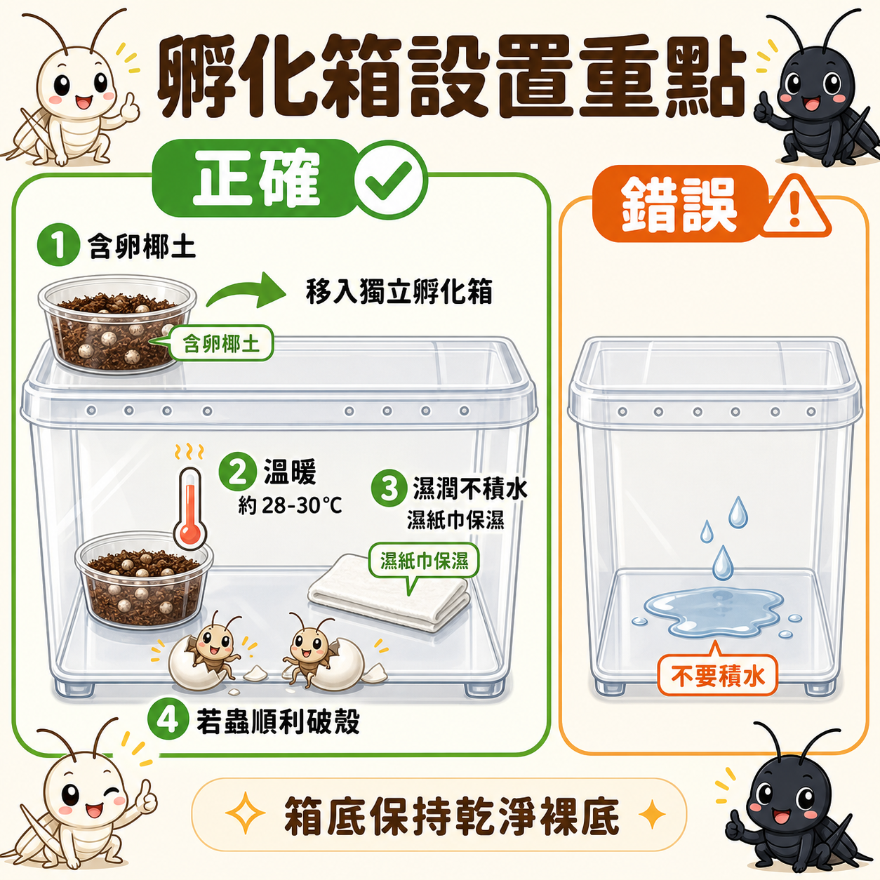 孵化箱設置正確，若蟲就能順利破殼：關鍵是把含卵椰土移入獨立空間，維持溫暖濕潤卻不積水的環境。