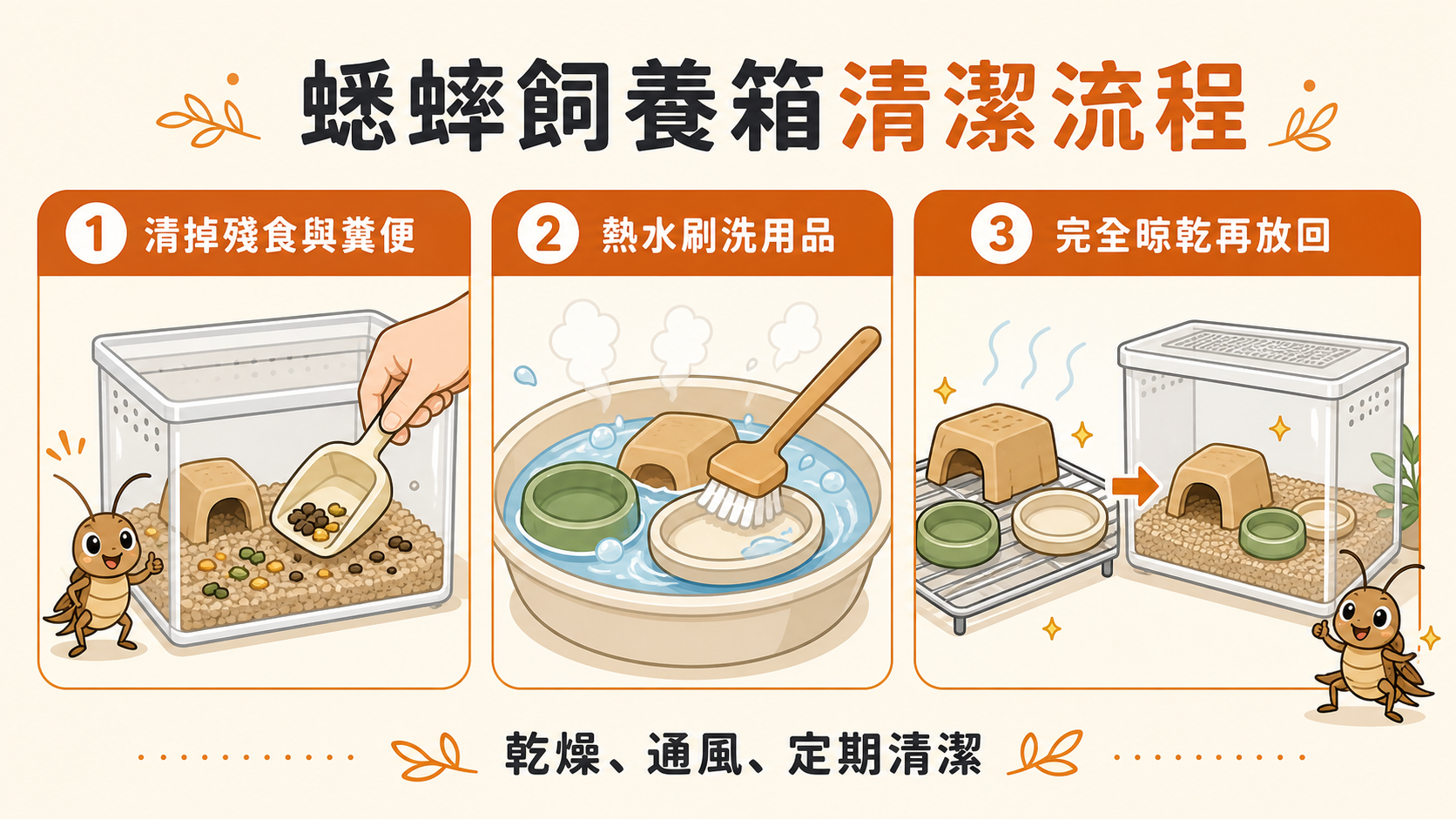 蟋蟀箱清潔 SOP：多久清一次、怎麼消毒、如何防止疾病復發