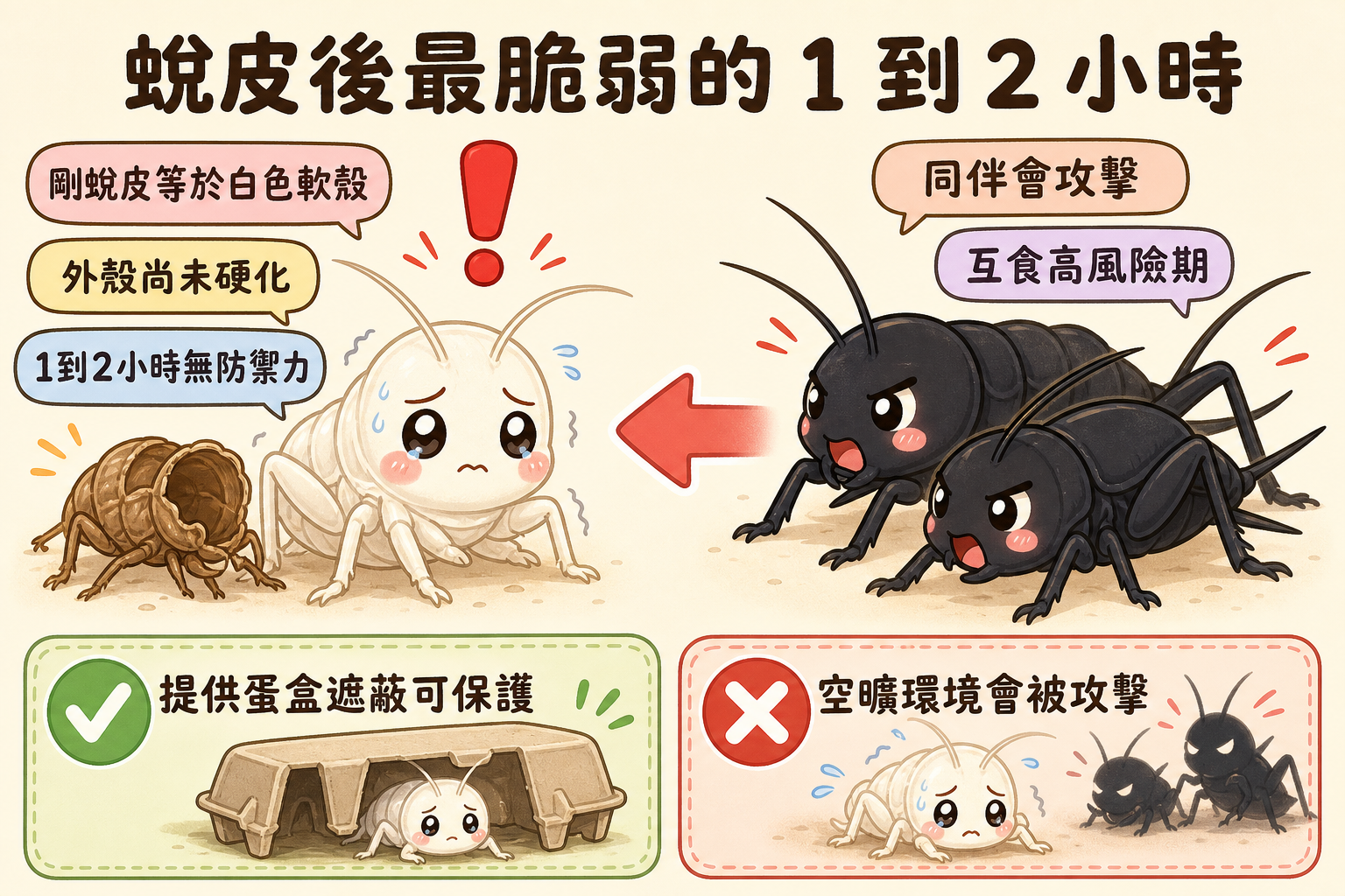 蛻皮成功的蟋蟀會留下一層完整空殼；那 1–2 小時的新殼還沒硬，是牠一生中最容易被同伴攻擊的時刻。