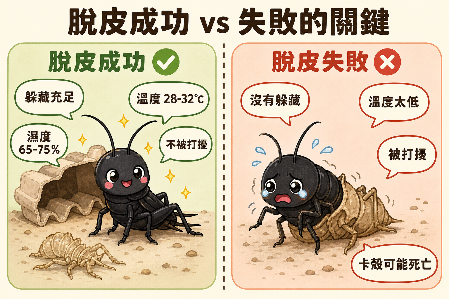 溫度夠、成長順利就能一次次蛻皮長大；但其中有一次蛻皮失敗就會卡死，溫度和遮蔽管理做好才能降低這個風險。