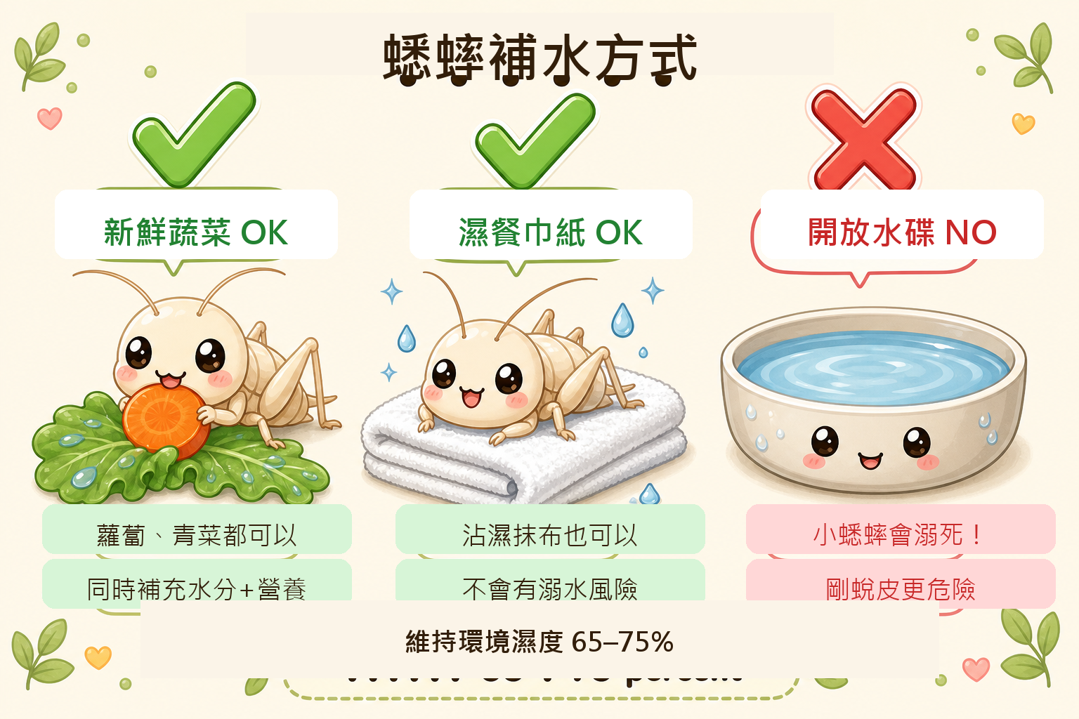 濕度夠，蟋蟀能順利把舊殼撐開蛻出來；箱子太悶太潮反而讓牠困在裡面，提供蔬菜或濕餐巾紙補水就能維持適當濕度。