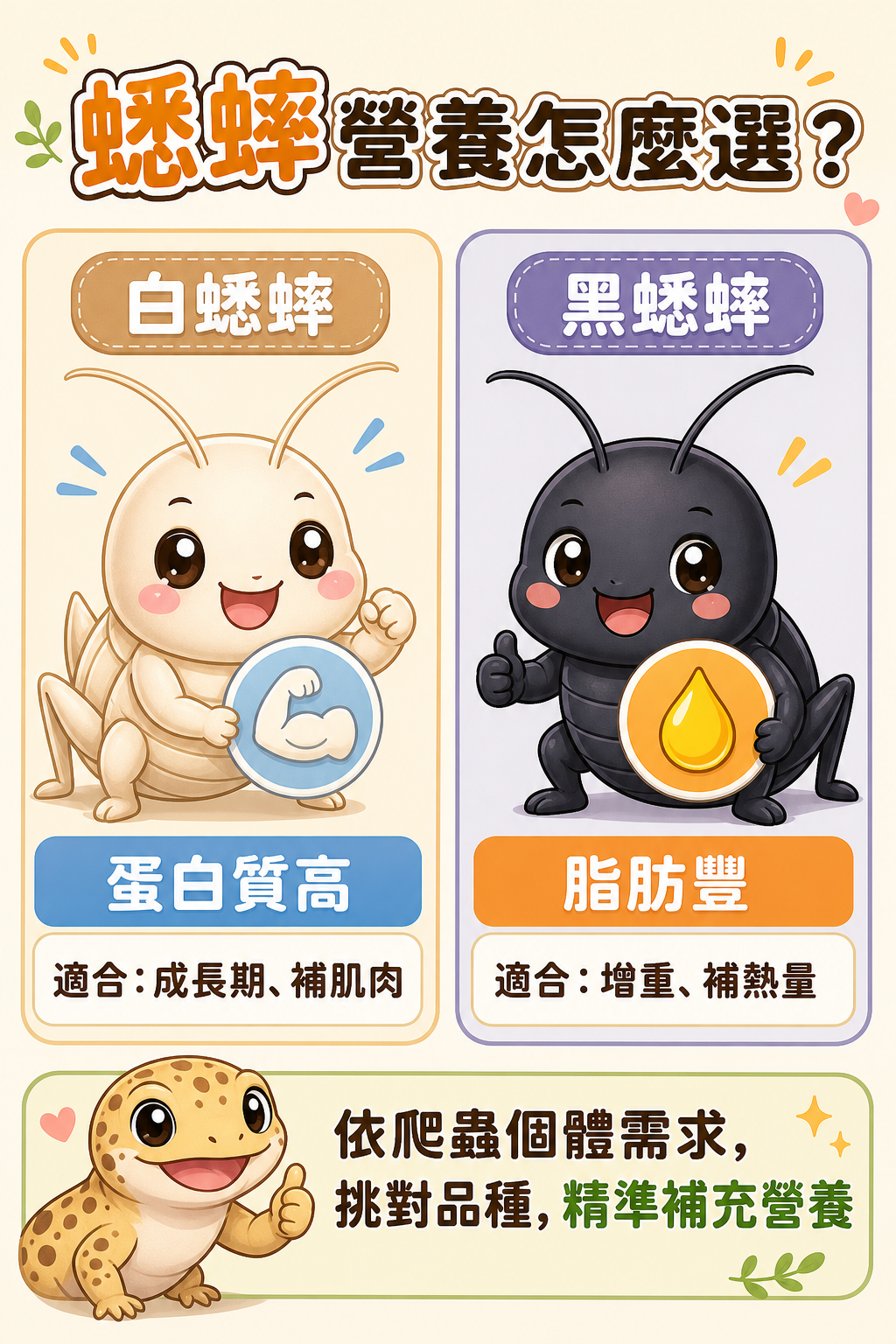 白蟋蟀蛋白質高、黑蟋蟀脂肪豐，兩者各有適合的爬蟲狀況，依個體需求挑對品種，是精準補充營養的基礎。