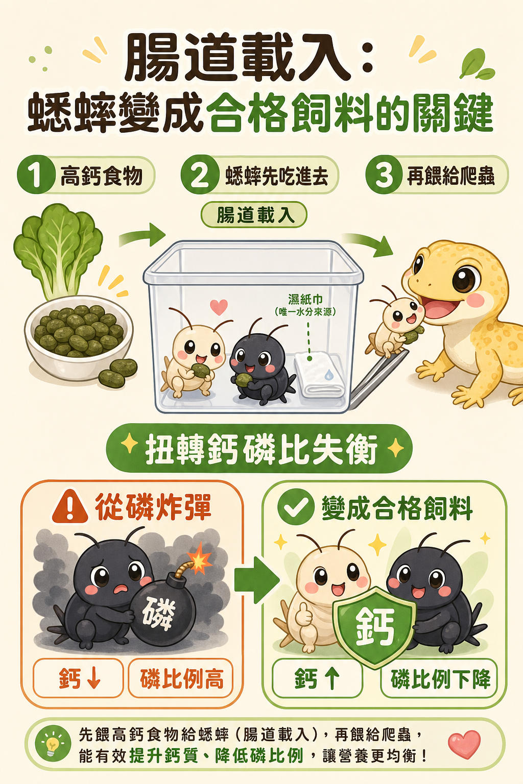 蟋蟀先吃進高鈣食物、再餵給爬蟲，才能扭轉鈣磷比嚴重失衡的問題，腸道載入是讓蟋蟀從「磷炸彈」變成合格飼料的關鍵一步。