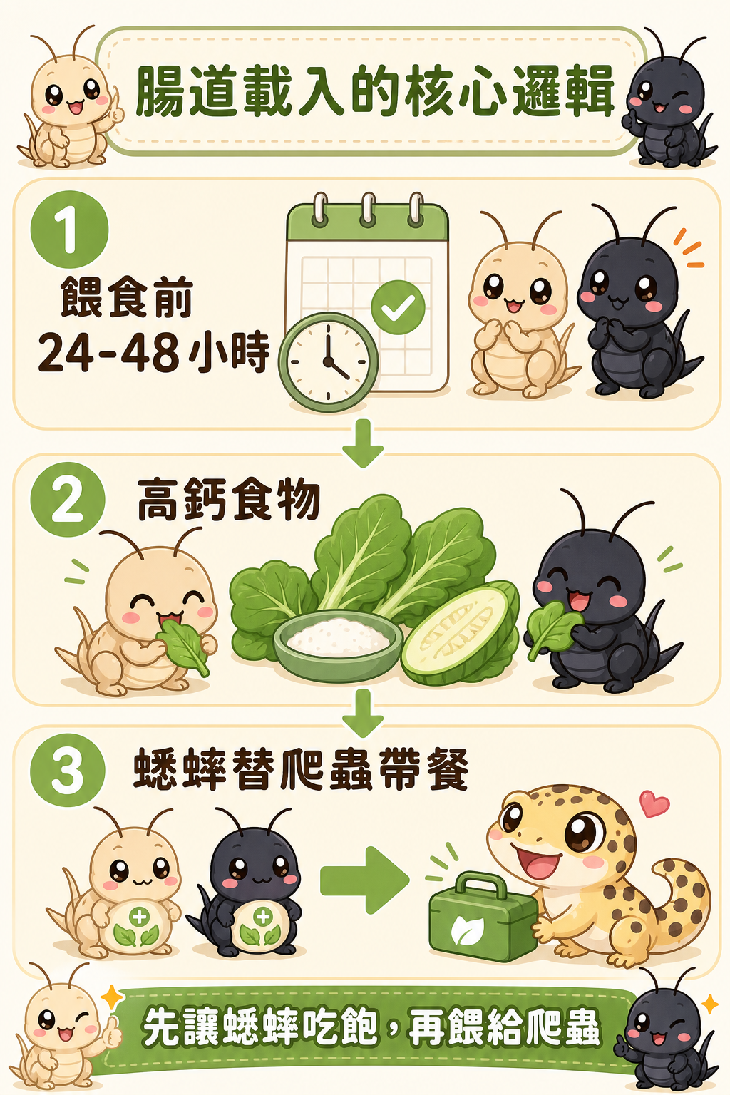 在餵食前 24 到 48 小時讓蟋蟀吃飽高鈣食物，等於讓蟋蟀替爬蟲「帶餐」，這就是腸道載入的核心邏輯。