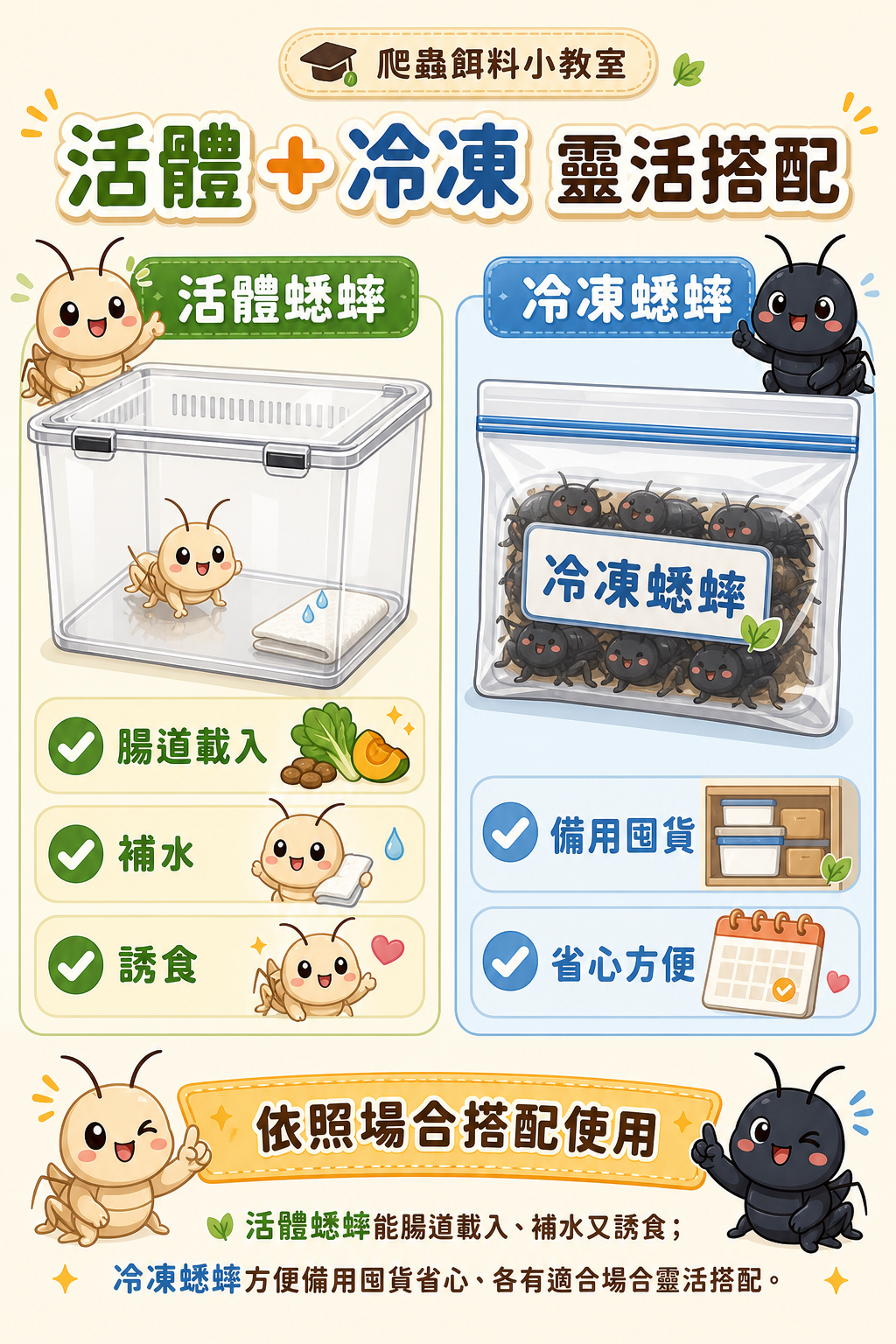 活體蟋蟀能腸道載入、補水又誘食；冷凍蟋蟀方便備用、囤貨省心，兩者定位不同、各有適合場合，依飼育需求靈活搭配即可。