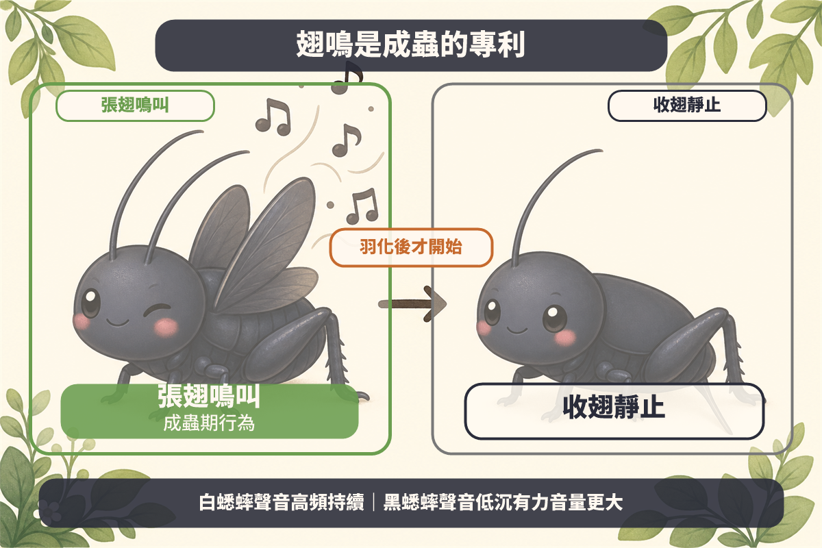 黑蟋蟀成蟲張翅鳴叫與收翅靜止的前後對比，說明翅鳴是成蟲期的行為特徵