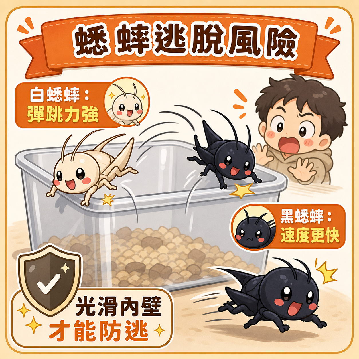 蟋蟀從飼育箱邊緣跳出逃脫，旁邊還有幾隻正在逃跑，示意活餌逃脫風險