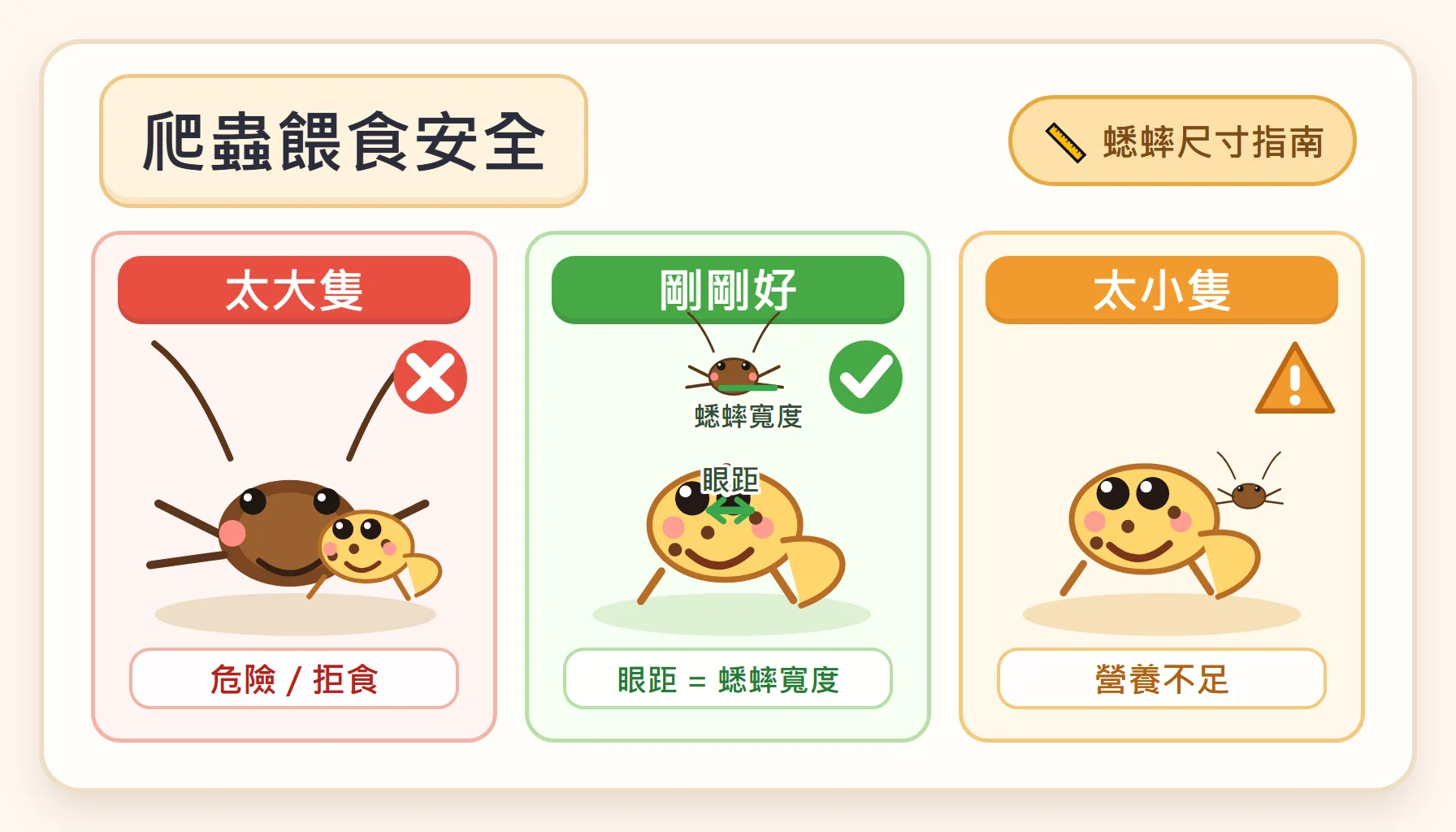 蟋蟀尺寸選對了，爬寵才吃得舒服、長得健康；太小的餌沒有營養，過大的餌則可能讓爬寵消化不良甚至受傷。