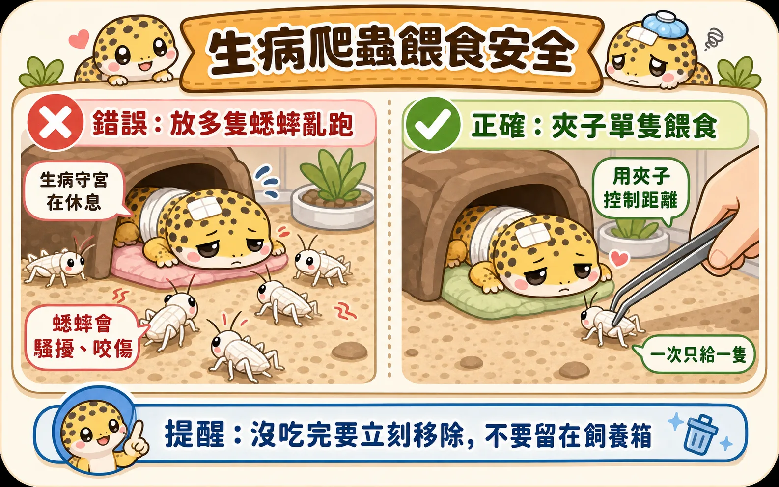 體弱、病中或蛻皮中的爬寵不適合讓活餌在缸裡自由亂竄；改用鑷子一隻一隻手餵，才能保護牠不被反咬。
