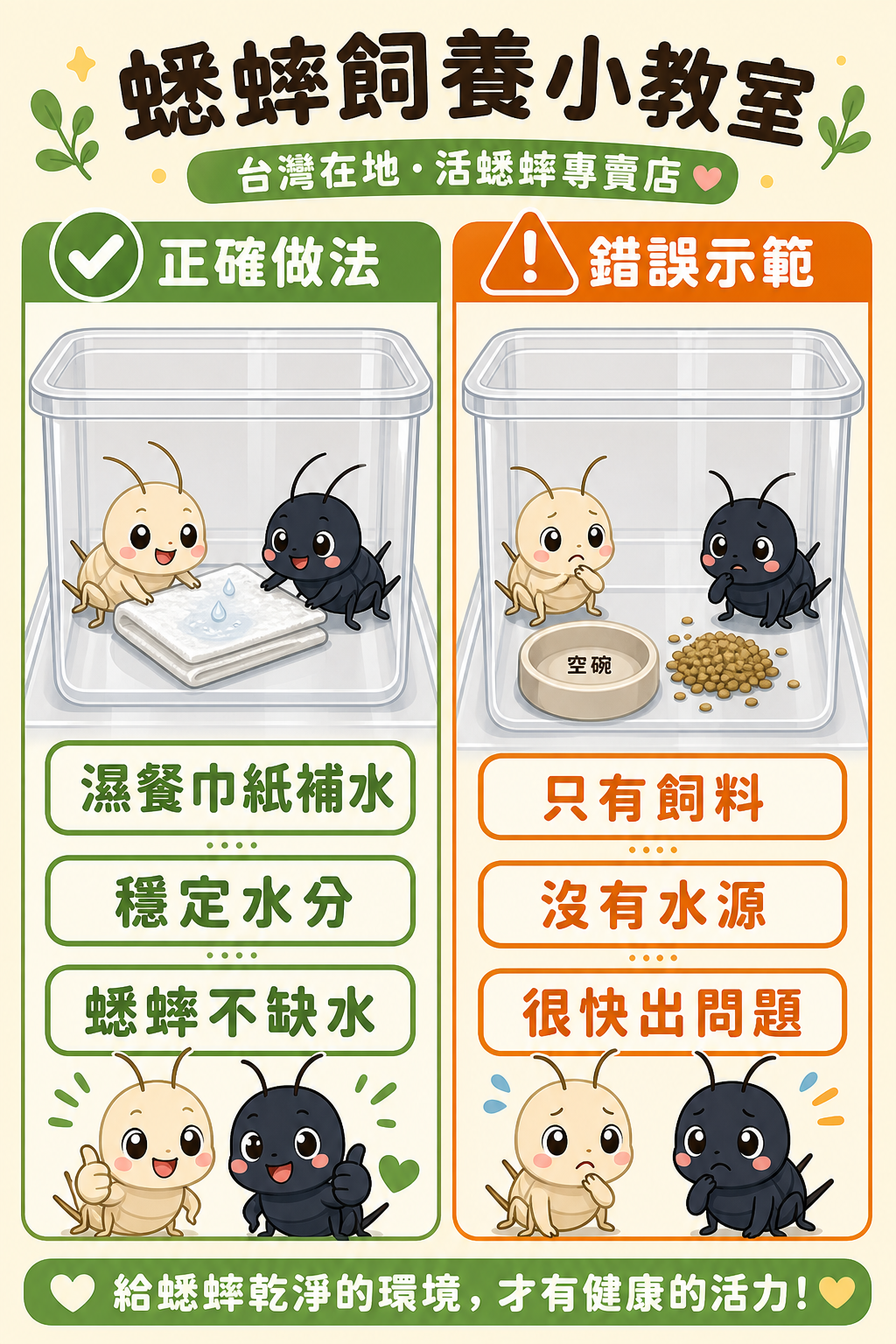 蟋蟀趴在濕餐巾紙上補水是正確做法;旁邊空碗是錯誤示範——光給飼料不給水,蟋蟀很快就會出問題