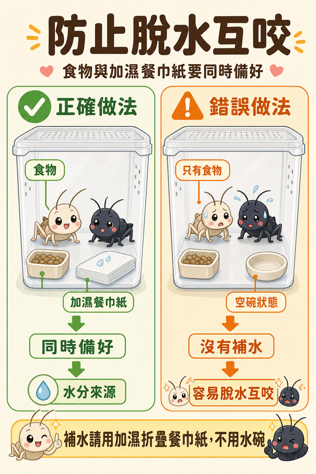 食物加濕餐巾紙同時備好才是正確做法,只給食物不補水的空碗狀態,正是蟋蟀脫水互咬的開端