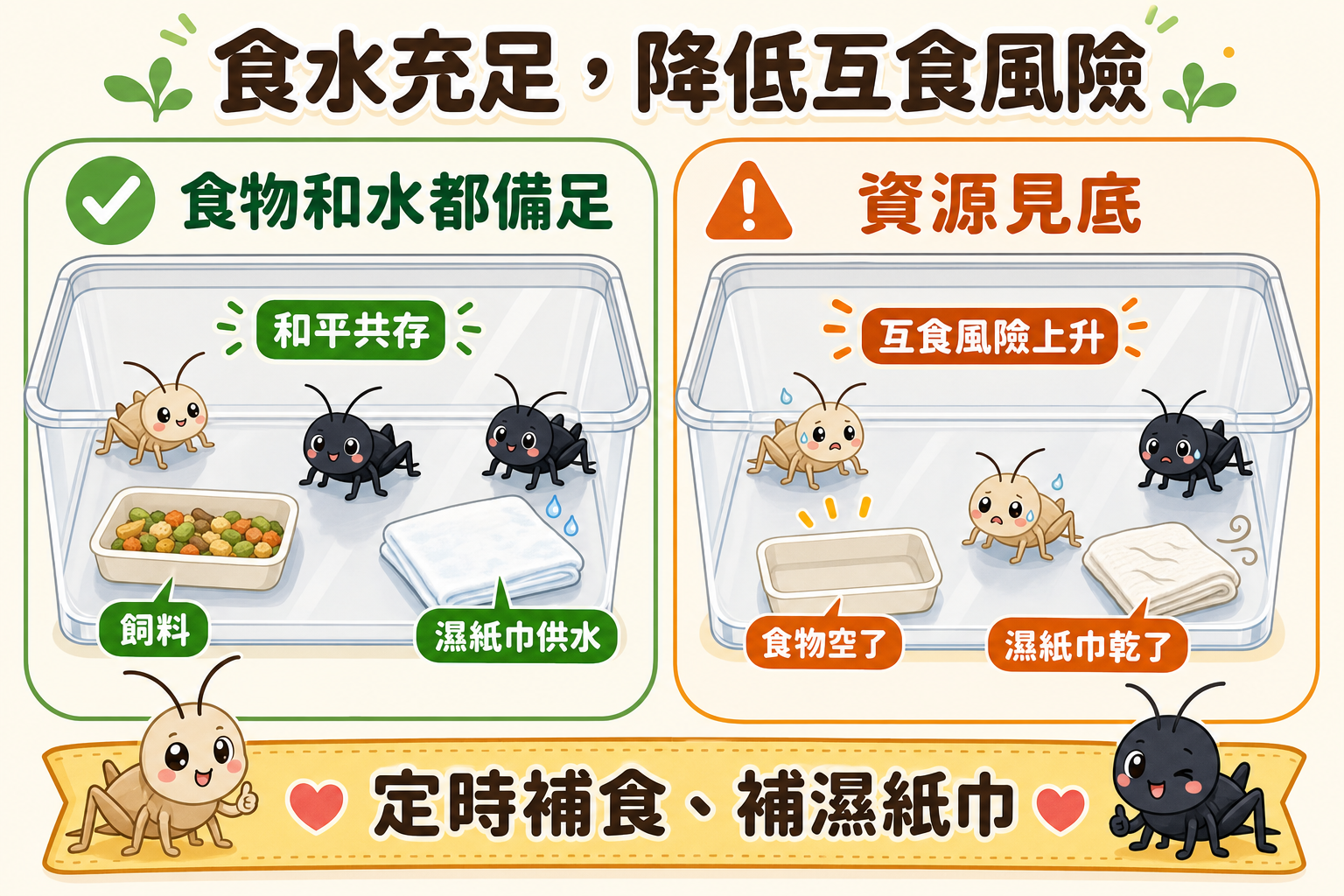 食物和水都備足時蟋蟀能和平共存,一旦資源見底,即便蟋蟀沒有攻擊性,互食也會自然發生