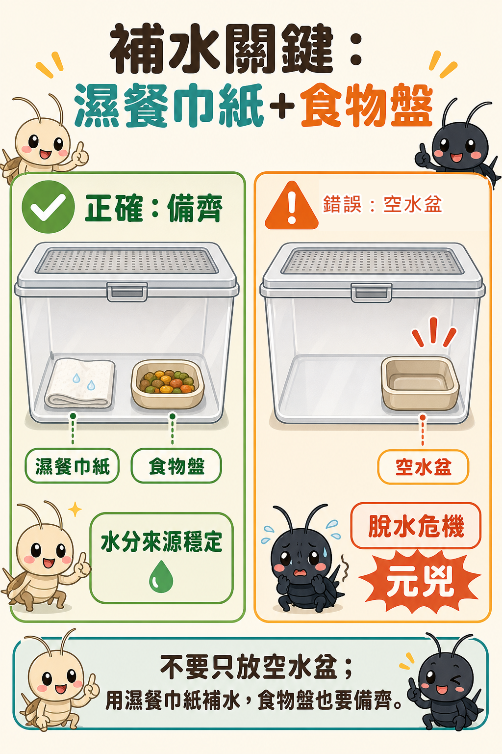 飼育箱內濕餐巾紙和食物盤都要備齊,空水盆才是讓蟋蟀陷入脫水危機的元兇