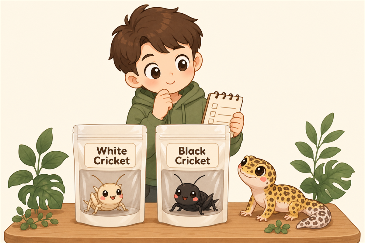 飼主手持採購清單，面前放著白蟋蟀與黑蟋蟀兩包，旁邊有守宮和蜘蛛，示意不同爬寵的採購選擇