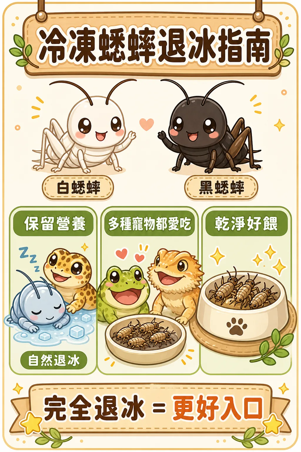 冷凍蟋蟀幫你省去活餌逃跑的麻煩，只要保存方式對了，守宮、青蛙、鬃獅蜥都能安心吃。