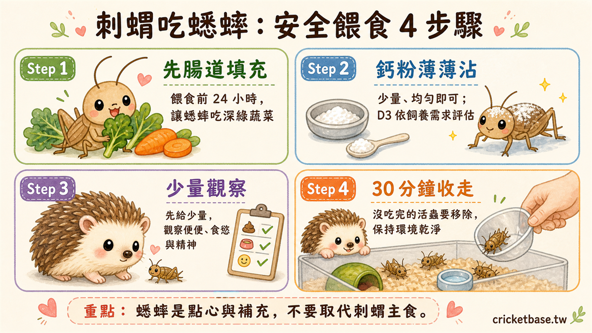 蟋蟀補鈣撲粉步驟：加鈣粉搖均後30分鐘內投入刺蝟籠，每週一次換含D3鈣粉
