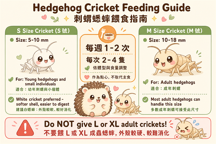 刺蝟蟋蟀餵食建議：S尺寸5-10mm適合亞成體、M尺寸10-18mm適合成體，每週1-2次每次2-4隻