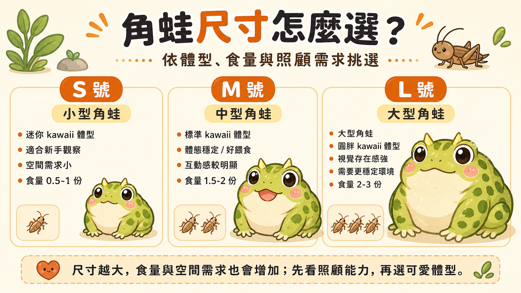 角蛙各成長階段蟋蟀尺寸配給完整對照