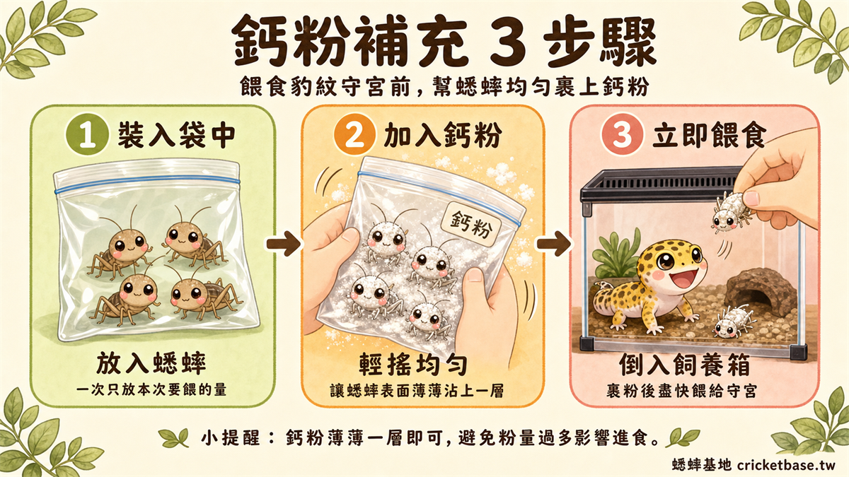 豹紋守宮撲鈣步驟圖解，展示純鈣粉與含 D3 鈣粉的使用頻率差異