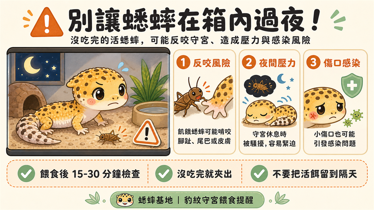 餵食後立即撈出剩餘蟋蟀警告圖，強調留在缸內過夜的蟋蟀會在守宮睡眠時啃咬皮膚與趾尖