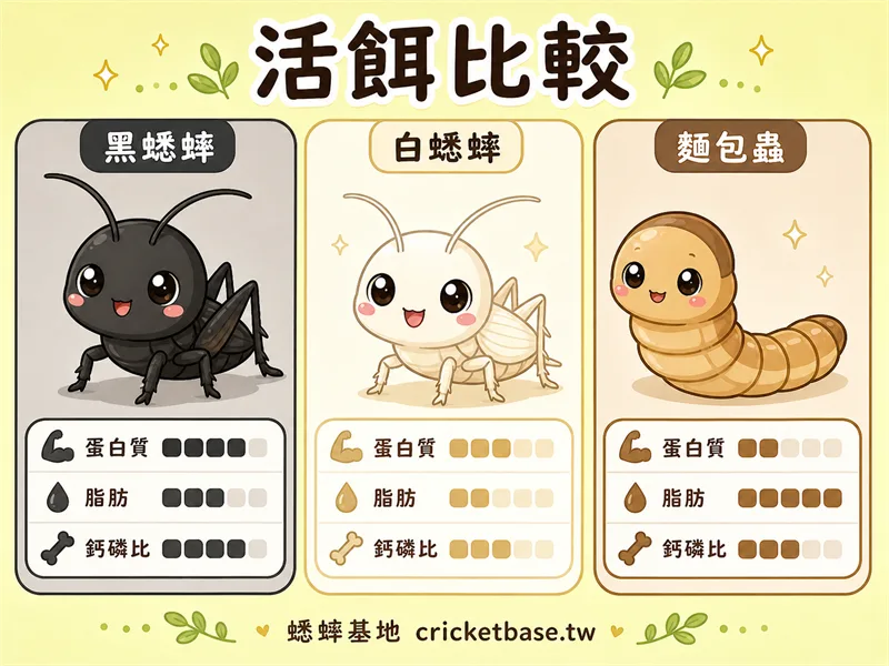 活體白蟋蟀和黑蟋蟀跳動活躍，能強烈刺激爬寵的捕食本能；冷凍蟋蟀則以方便囤存、無反咬風險見長——兩者各有適合的使用場合