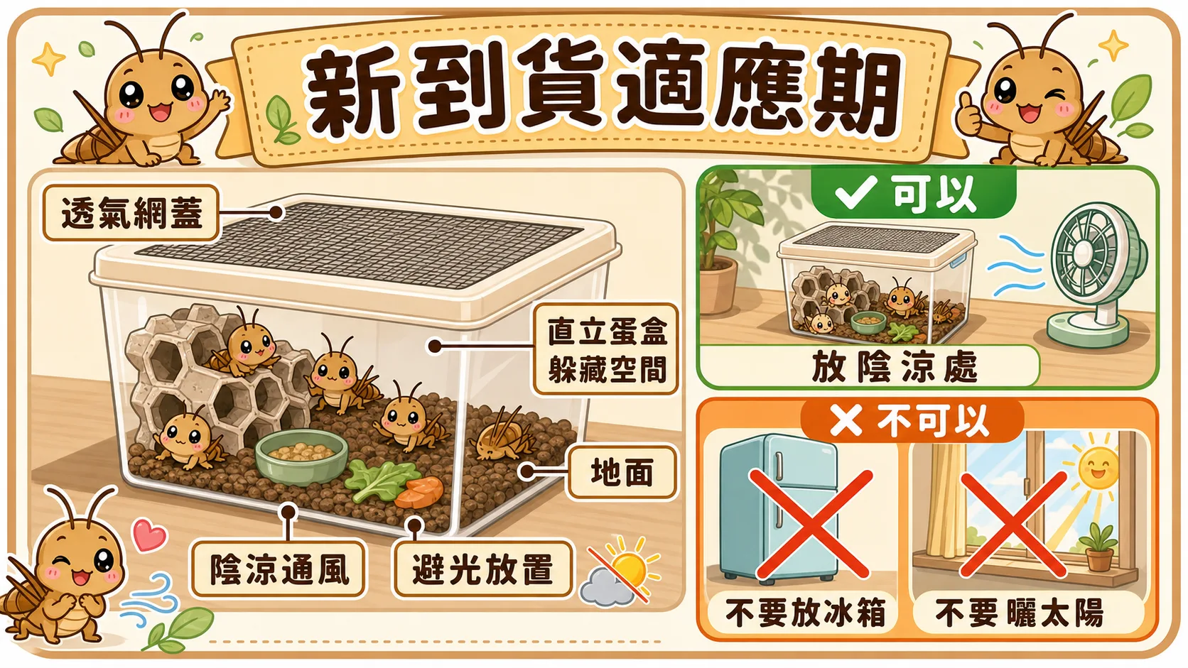 正確的安置環境：有躲藏空間的通風飼養盒放在室溫陰涼處，不可冷藏，守宮也才能安心取用健康活餌