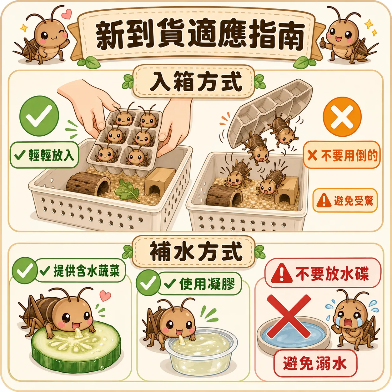 移入飼養盒的正確做法：連著蛋盒把蟋蟀輕輕放進去、千萬別硬倒硬抖，再放上濕餐巾紙補水，牠們才能安穩落腳開始補水